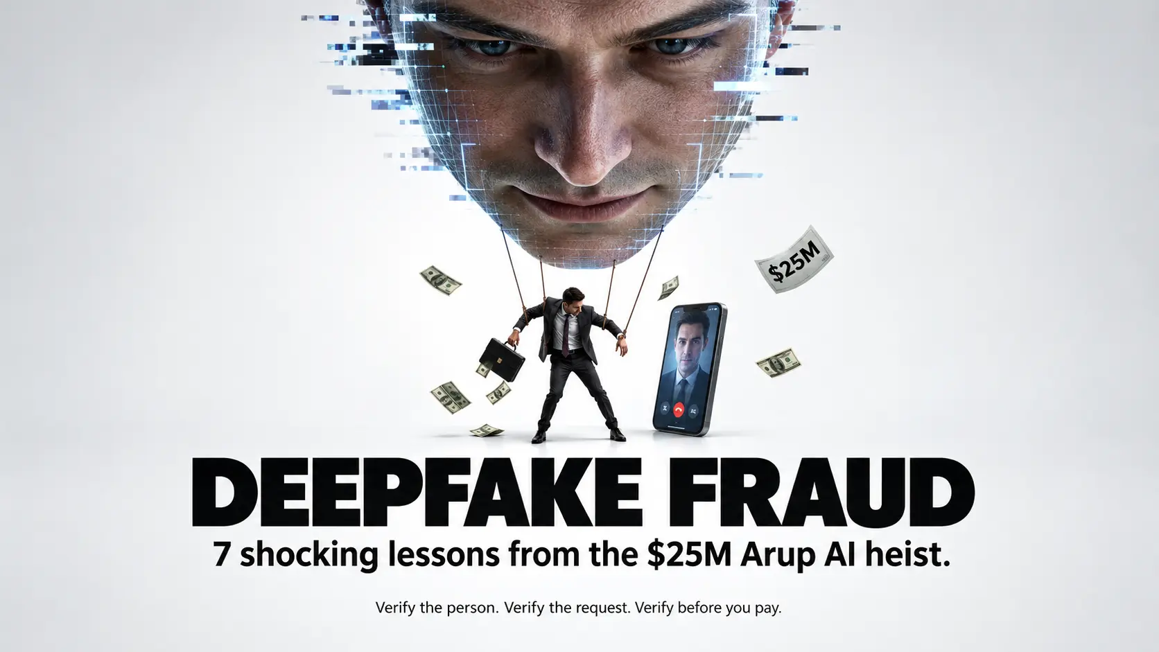 Deepfake fraud prevention infographic showing how AI CFO video call scams work